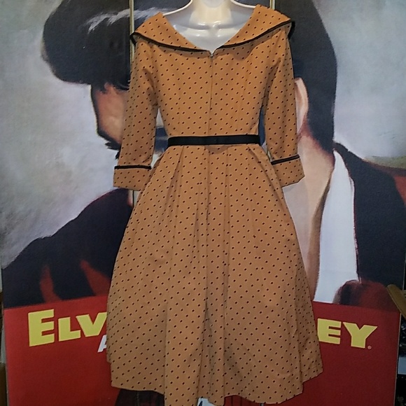Tatyana Iced Coffee 1940's Mocha Polka Dot 3/4 Sleeve Military Pinup Swing Dress - Picture 8 of 9